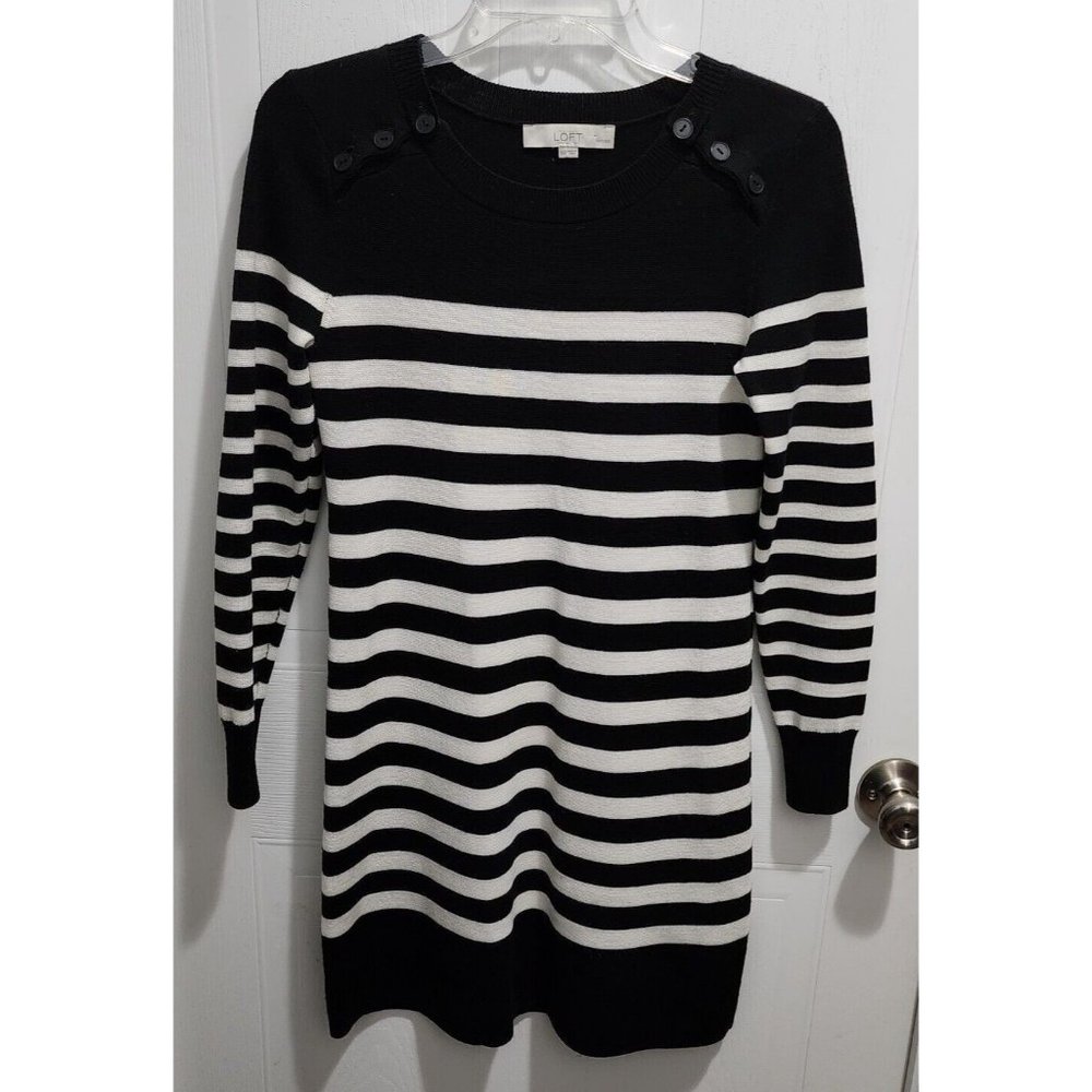 LOFT Women's Long Sleeve Sweater Dress Wool Blend Black‎ White Striped Size XSP